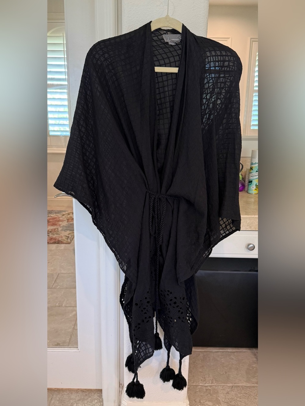 Anthropologie Black Open-Front Tie Kimono Tunic with Tassels